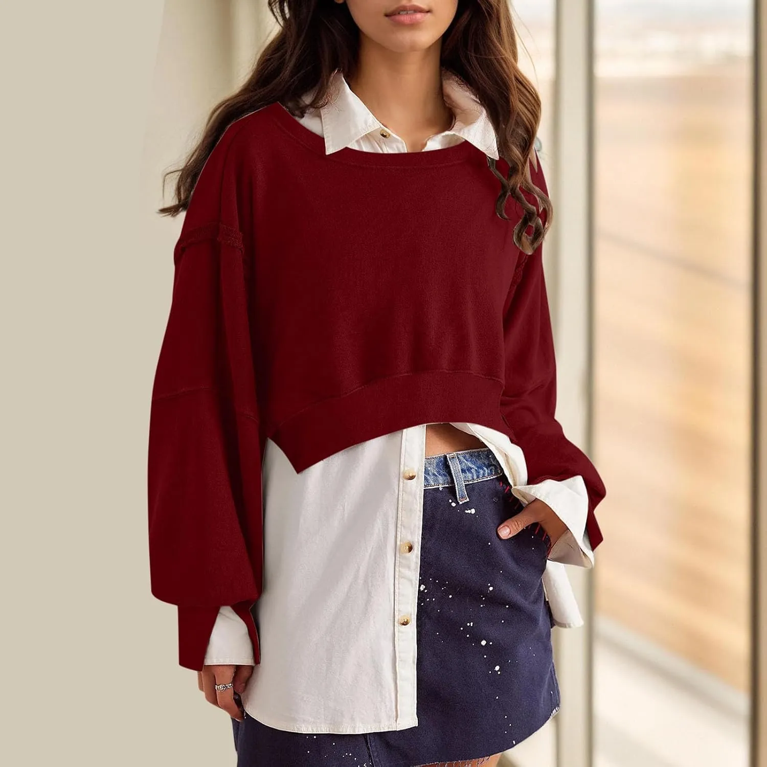 Akklian Women Casual Cropped Sweatshirt Basic Solid Long Sleeve Spread Neck Loose Drop Shoulder Pullover Crop Tops Streetwear