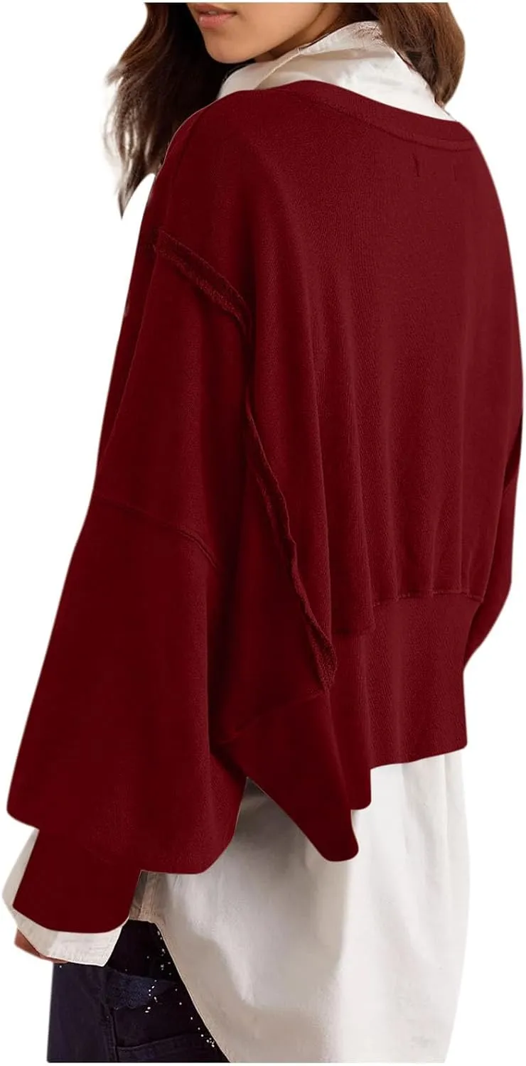 Akklian Women Casual Cropped Sweatshirt Basic Solid Long Sleeve Spread Neck Loose Drop Shoulder Pullover Crop Tops Streetwear