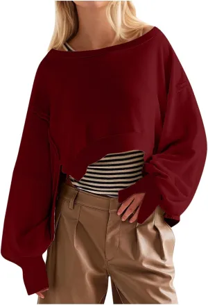 Akklian Women Casual Cropped Sweatshirt Basic Solid Long Sleeve Spread Neck Loose Drop Shoulder Pullover Crop Tops Streetwear
