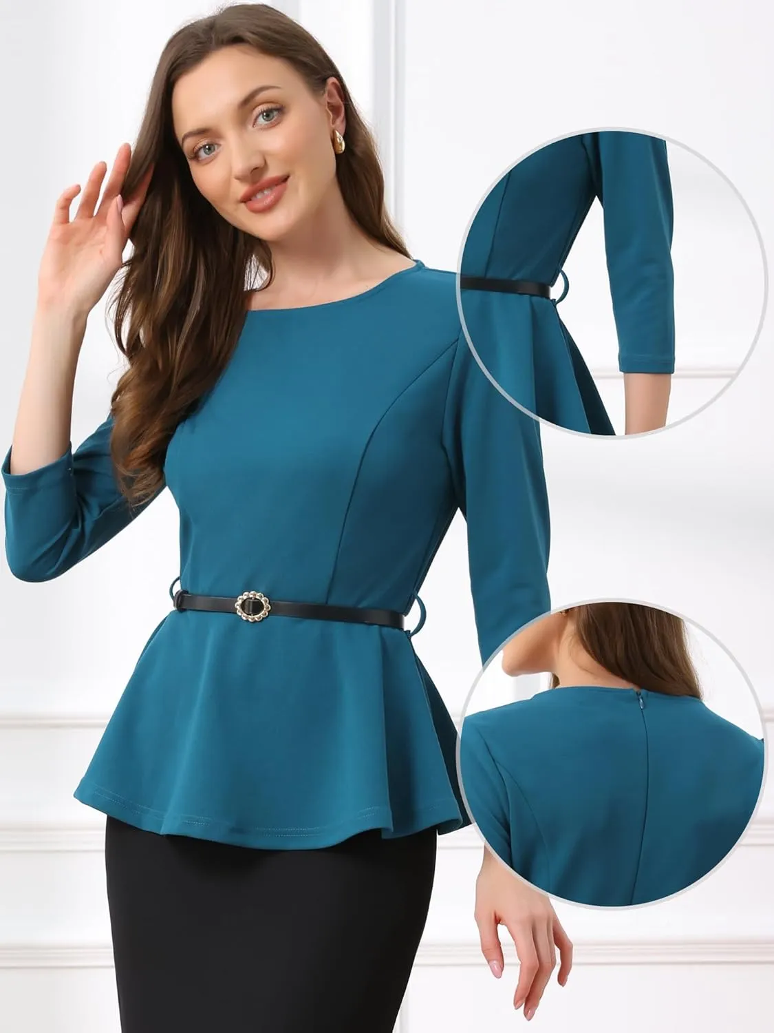 Allegra K Peplum Tops for Women's 3/4 Sleeve Teacher Belted Elegant Business Work Blouse