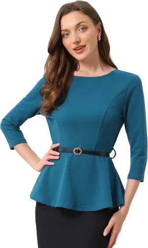Allegra K Peplum Tops for Women's 3/4 Sleeve Teacher Belted Elegant Business Work Blouse
