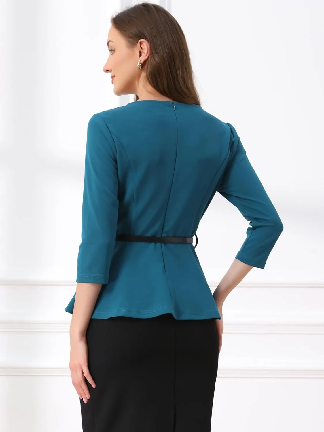 Allegra K Peplum Tops for Women's 3/4 Sleeve Teacher Belted Elegant Business Work Blouse