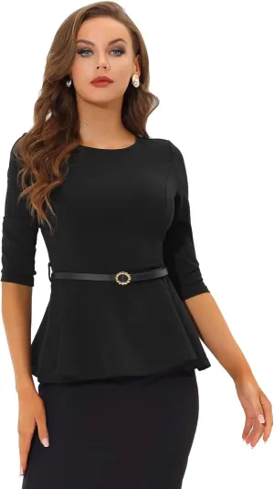 Allegra K Peplum Tops for Women's 3/4 Sleeve Teacher Belted Elegant Business Work Blouse