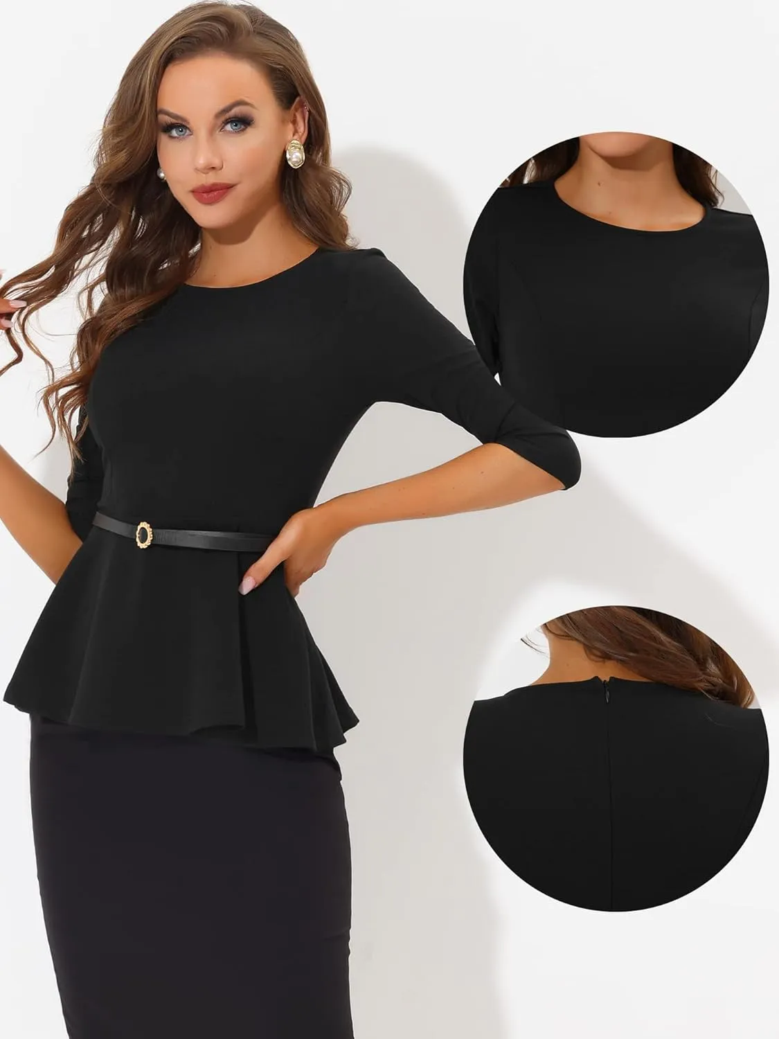 Allegra K Peplum Tops for Women's 3/4 Sleeve Teacher Belted Elegant Business Work Blouse