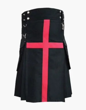 BLACK UTILITY KILT FOR MEN WITH A RED CROSS