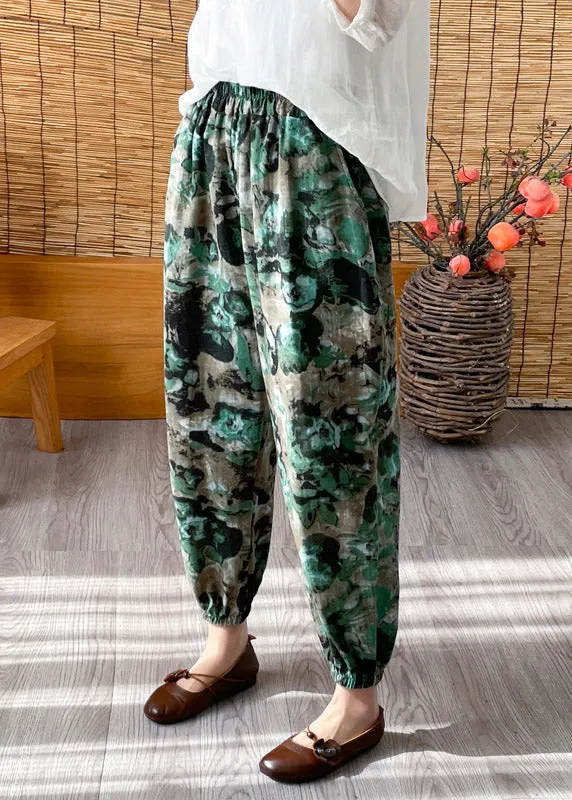 Casual Green Elastic Waist Crop Print Pants LY4444