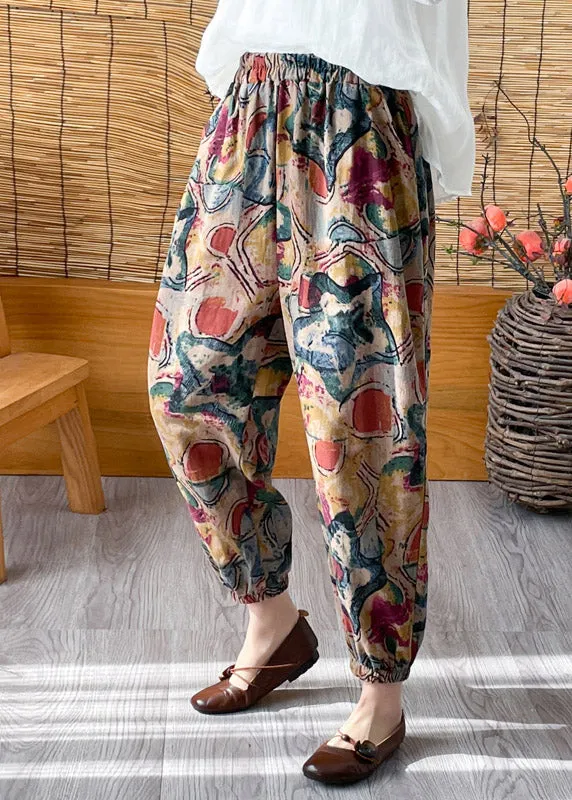 Casual Green Elastic Waist Crop Print Pants LY4444