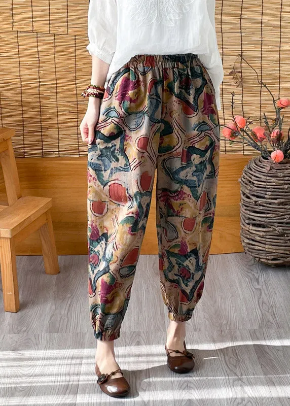 Casual Green Elastic Waist Crop Print Pants LY4444