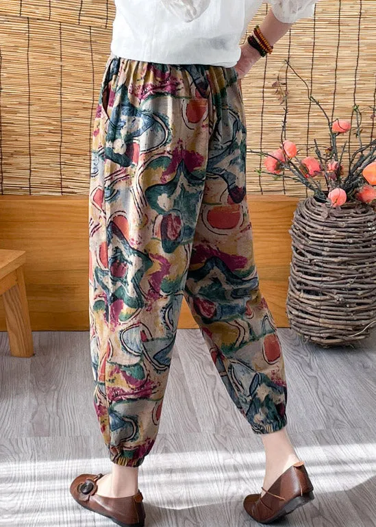 Casual Green Elastic Waist Crop Print Pants LY4444