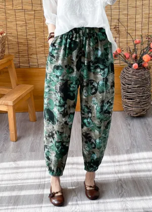 Casual Green Elastic Waist Crop Print Pants LY4444