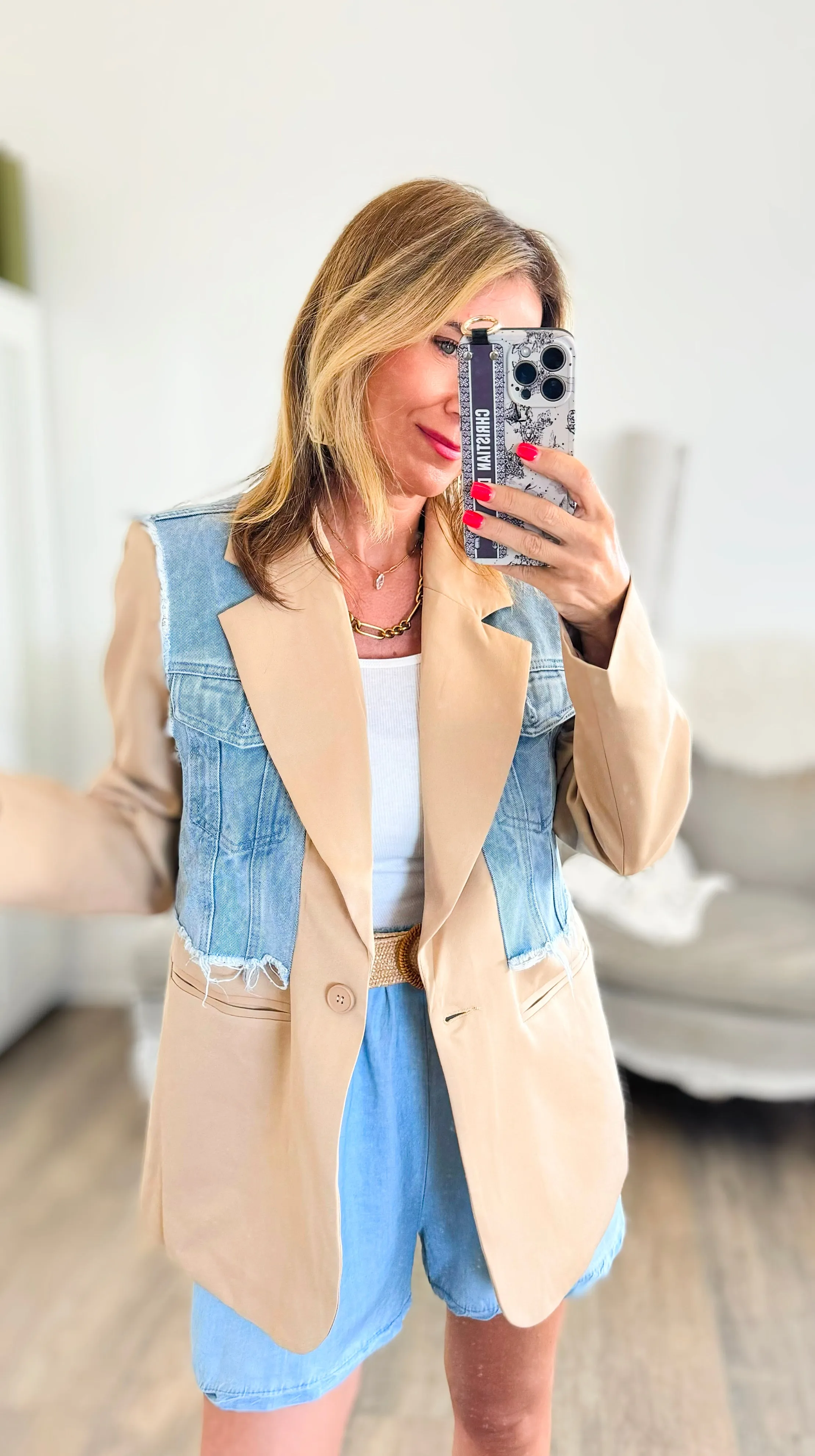 Contrast Denim Vest Blazer- Camel