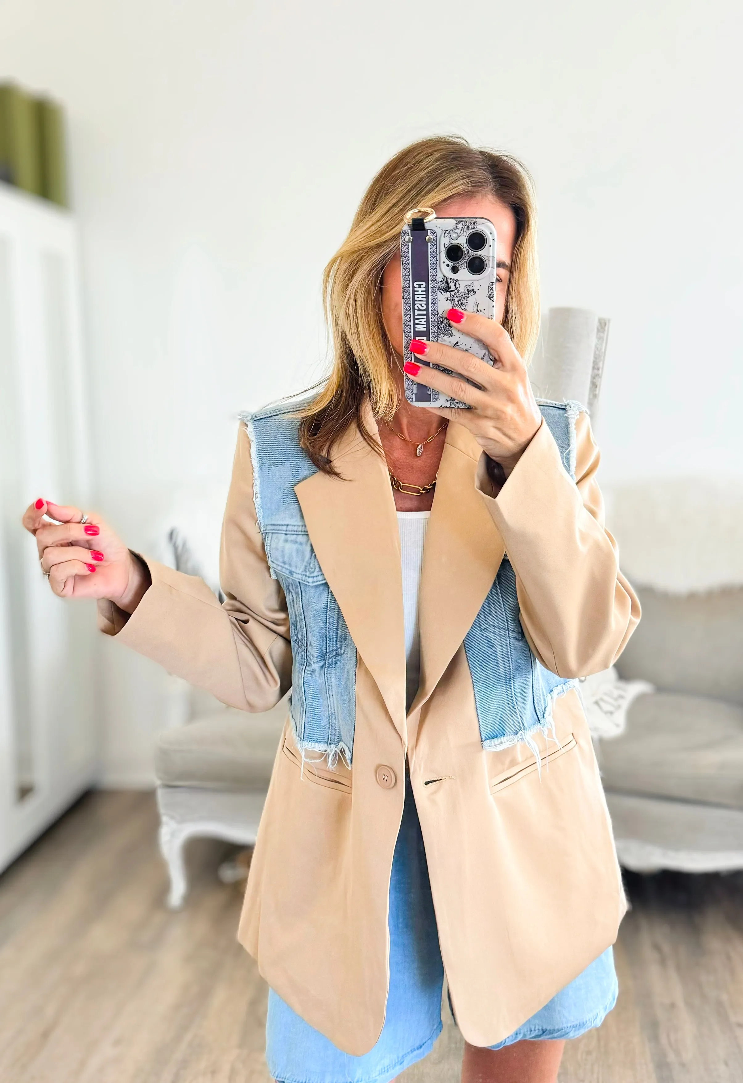 Contrast Denim Vest Blazer- Camel