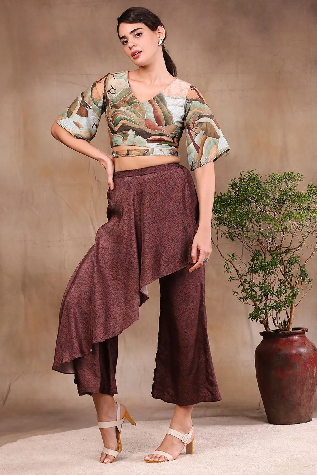 Conversational Printed Crop Top With Drape Pants