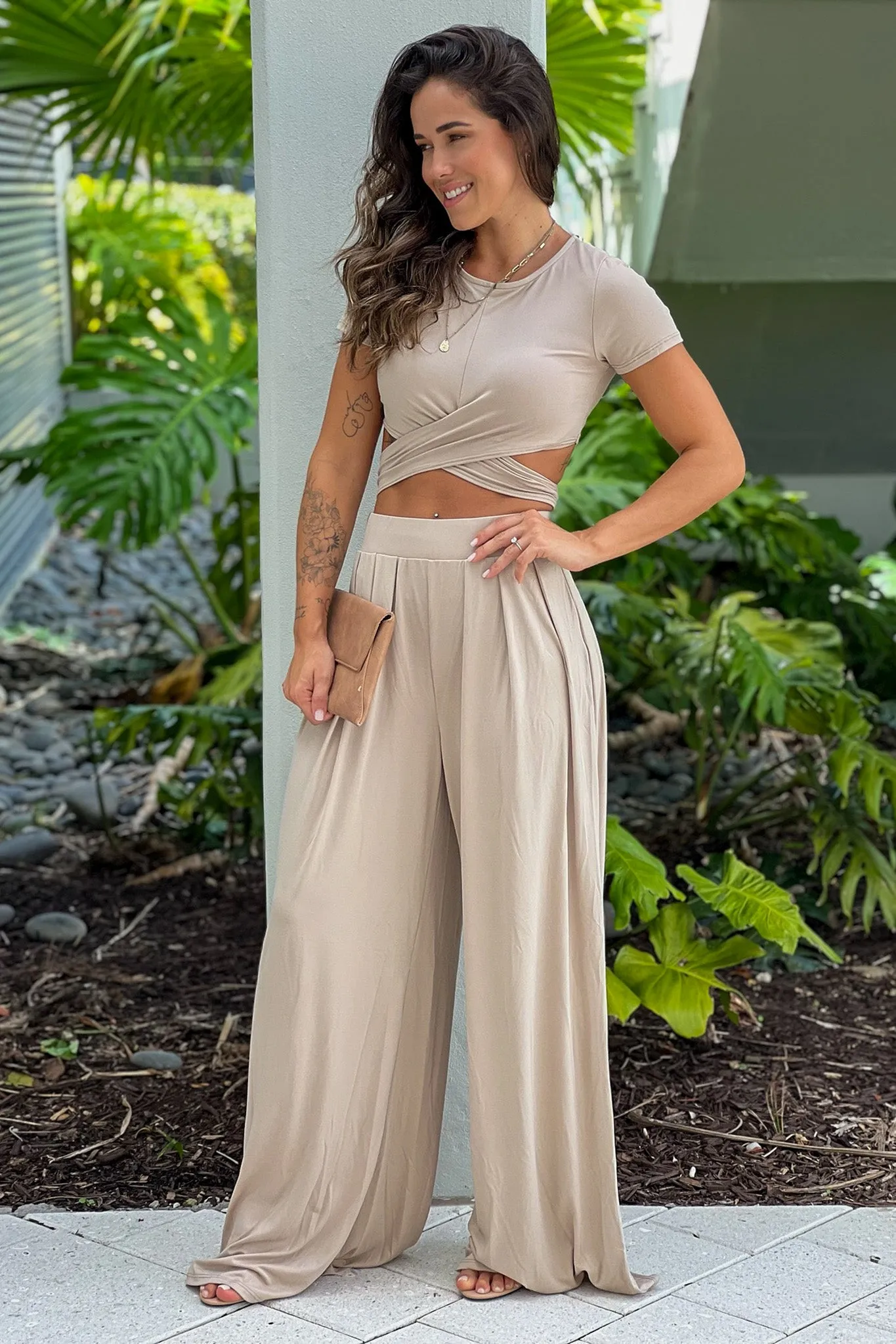 Dusty Taupe Criss Cross Crop Top And Pants Set