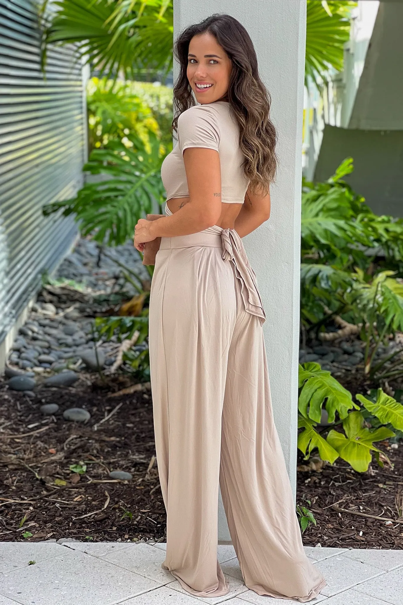 Dusty Taupe Criss Cross Crop Top And Pants Set