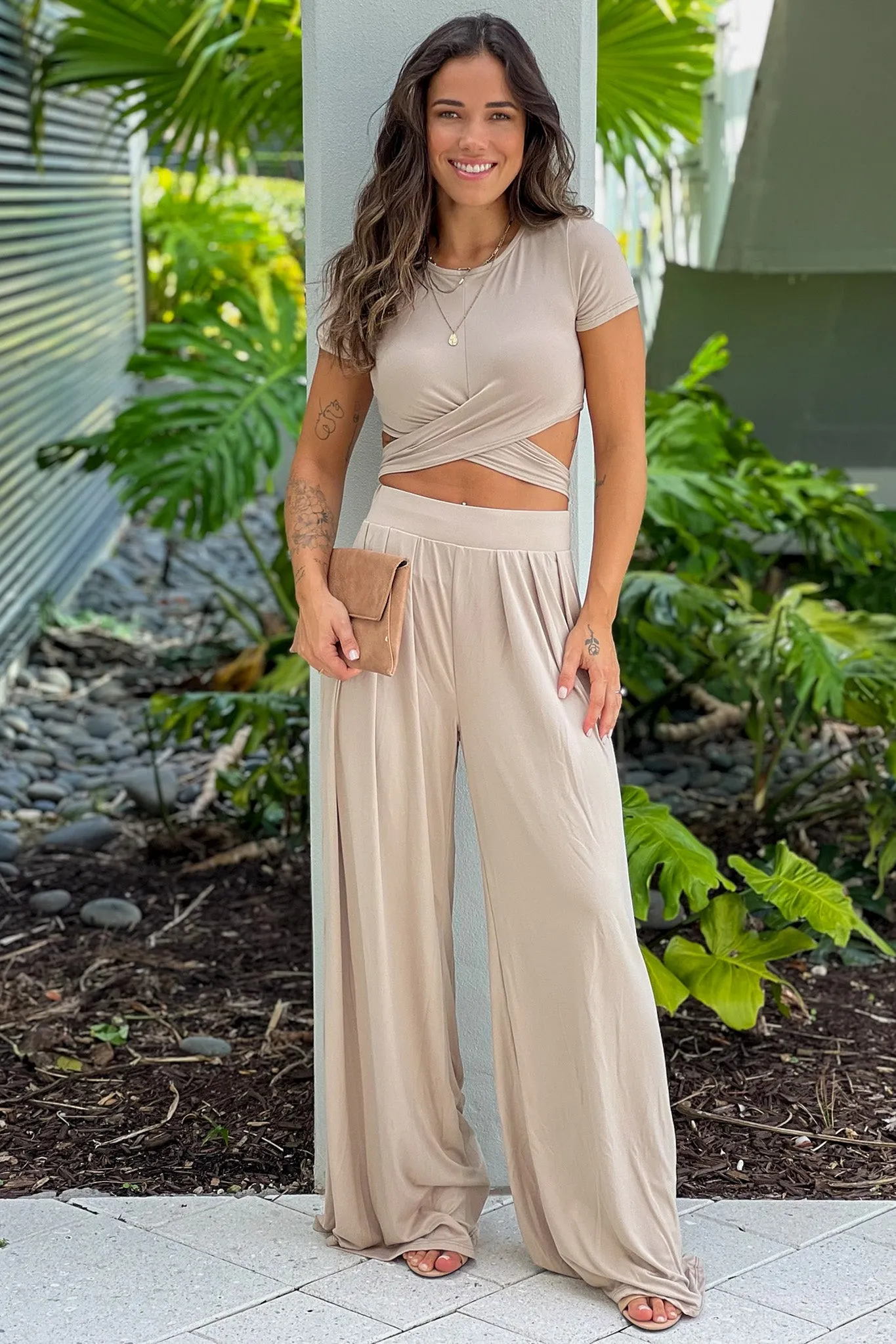 Dusty Taupe Criss Cross Crop Top And Pants Set