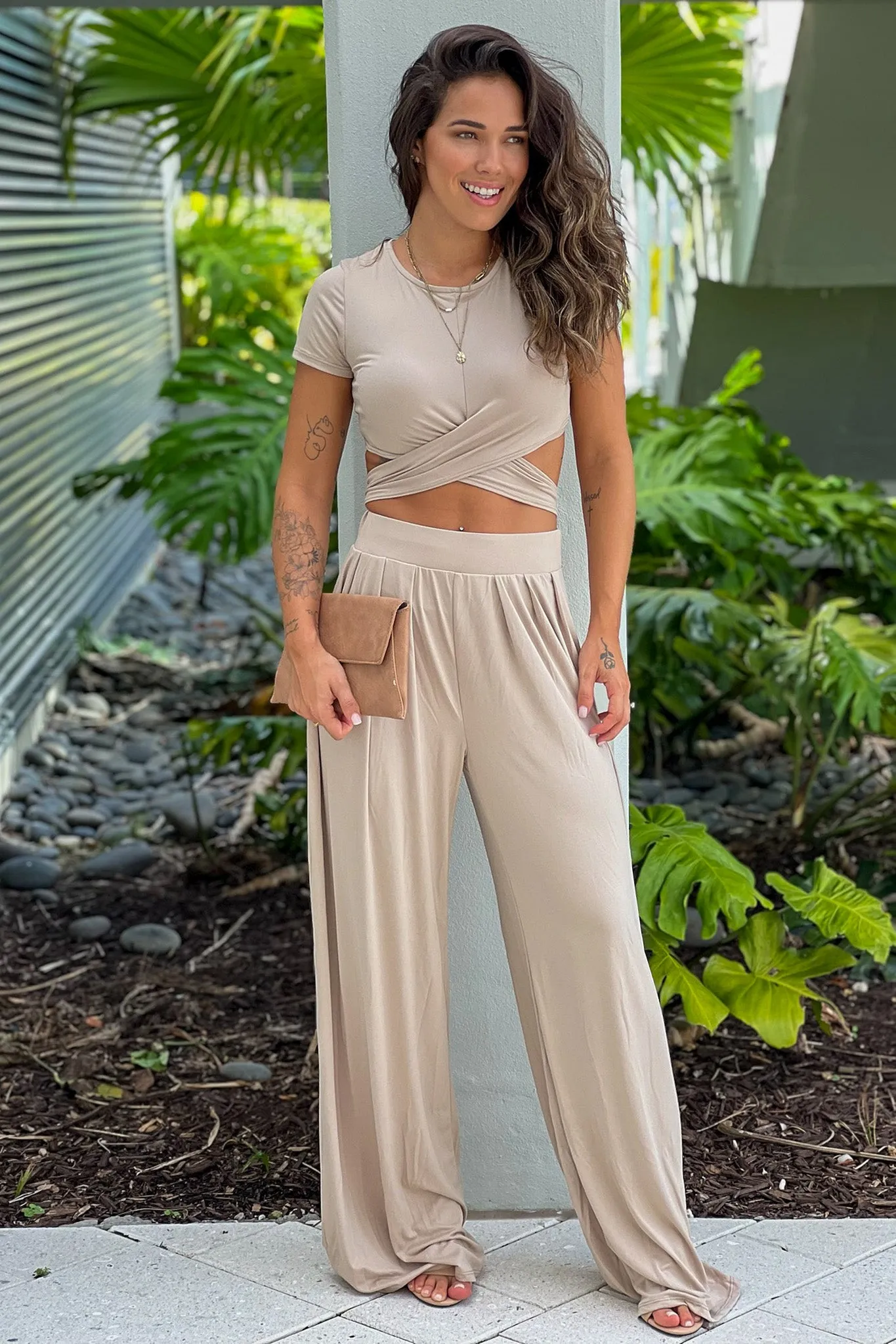Dusty Taupe Criss Cross Crop Top And Pants Set