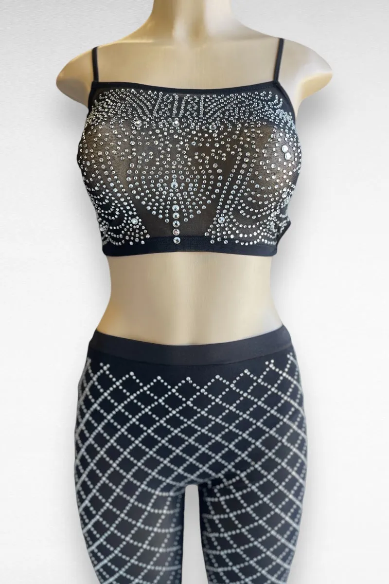 Embedded Rhinestone Strappy Top with Pants Set