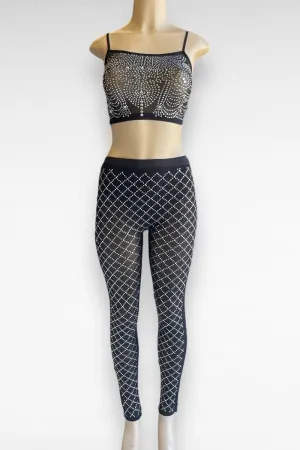 Embedded Rhinestone Strappy Top with Pants Set