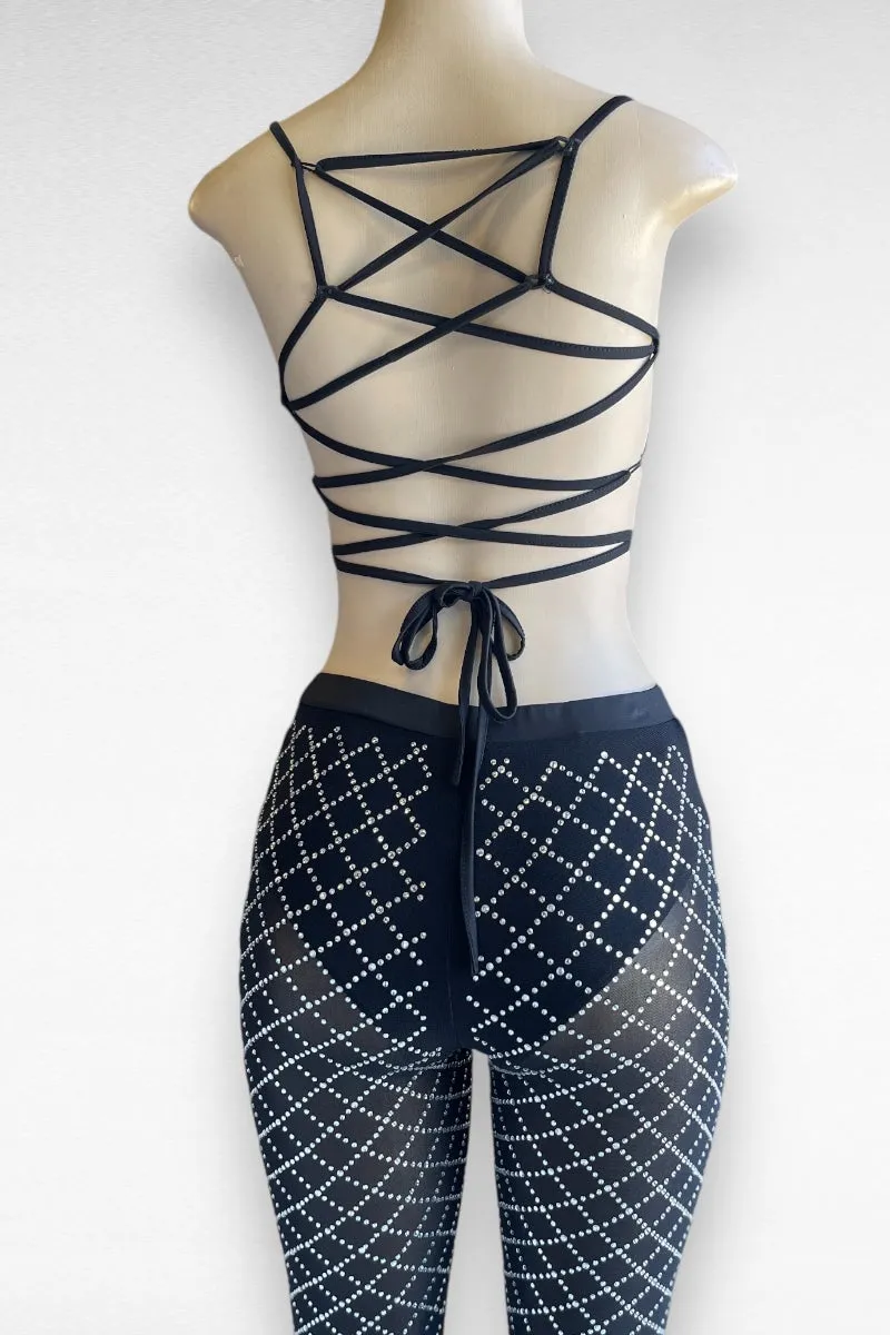 Embedded Rhinestone Strappy Top with Pants Set