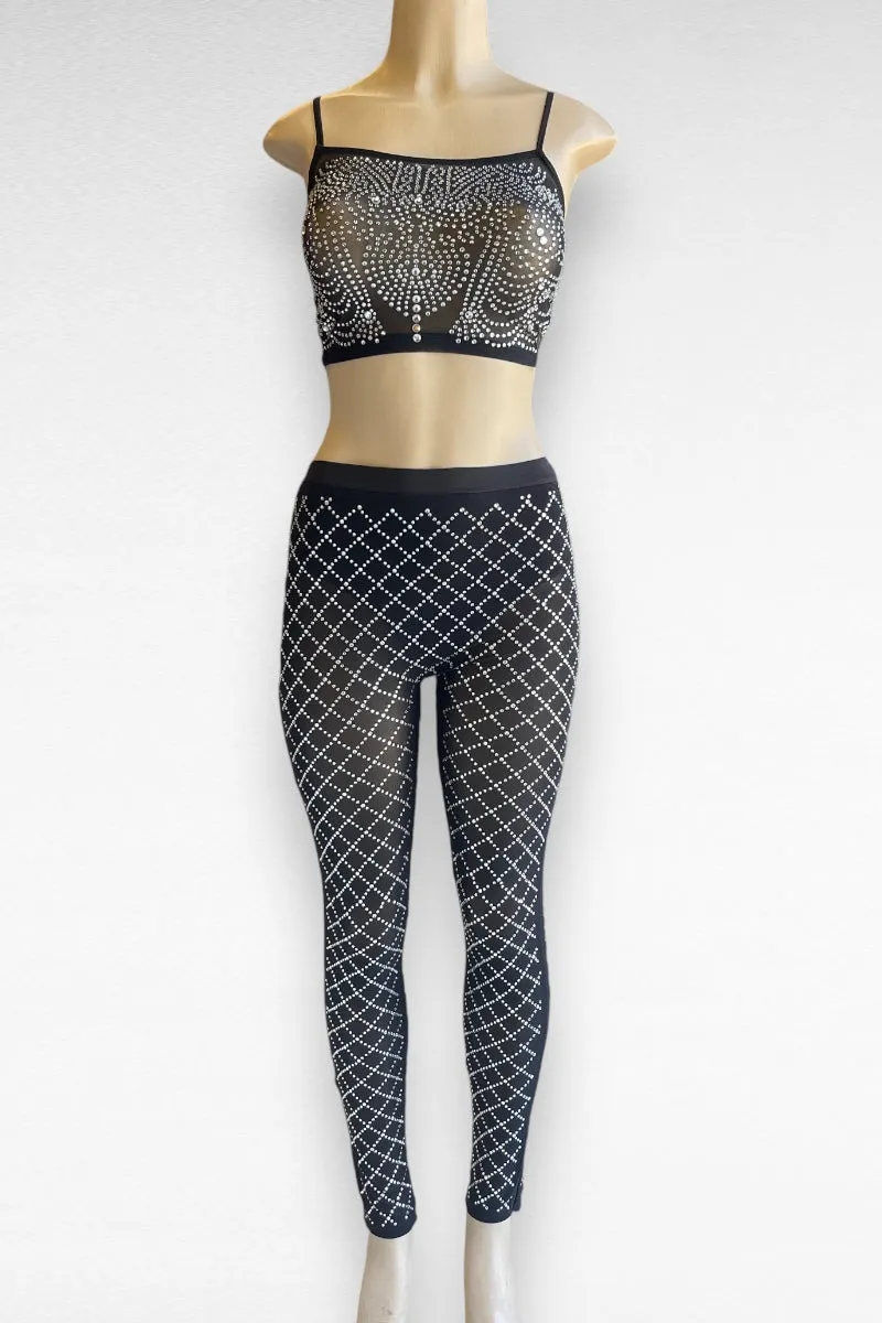 Embedded Rhinestone Strappy Top with Pants Set