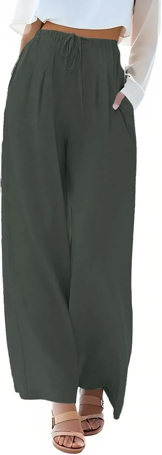 fanmpghleoo Wide Leg Linen Pants for Women Plus Size Palazzo Pants Casual Drawstring Flowy Beach Linen Trousers with Pockets