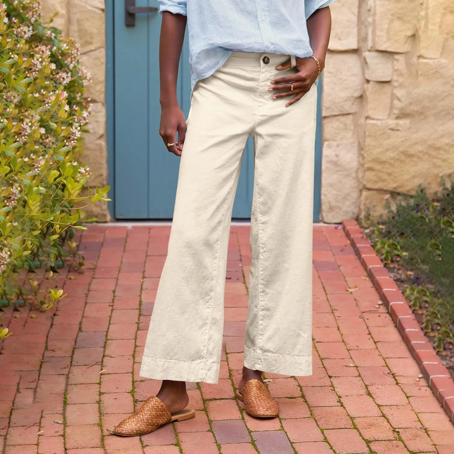 fanmpghleoo Woman Linen Pants High Waist Wide Leg Lightweight Linen Pants Casual Loose Fit Linen Cropped Pants Summer 2025