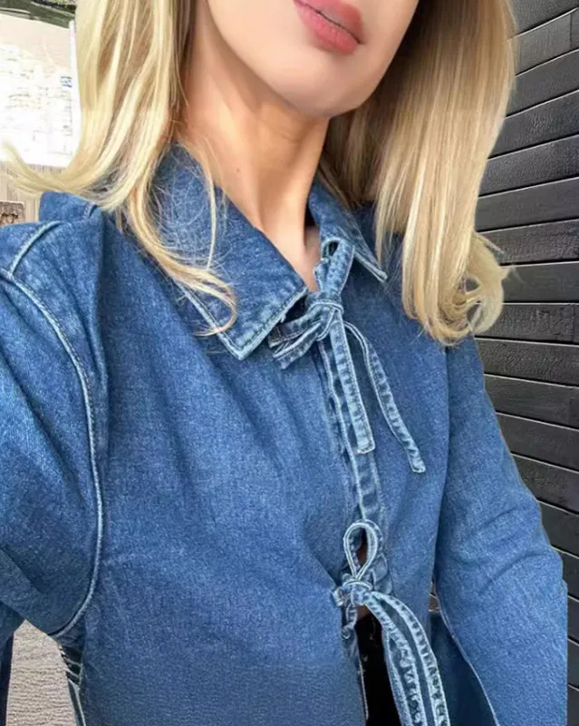 Fashionable and Casual Denim Long Pocket Stand-Collar Jacket
