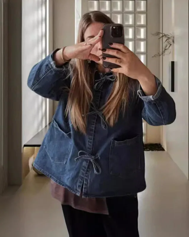 Fashionable and Casual Denim Long Pocket Stand-Collar Jacket