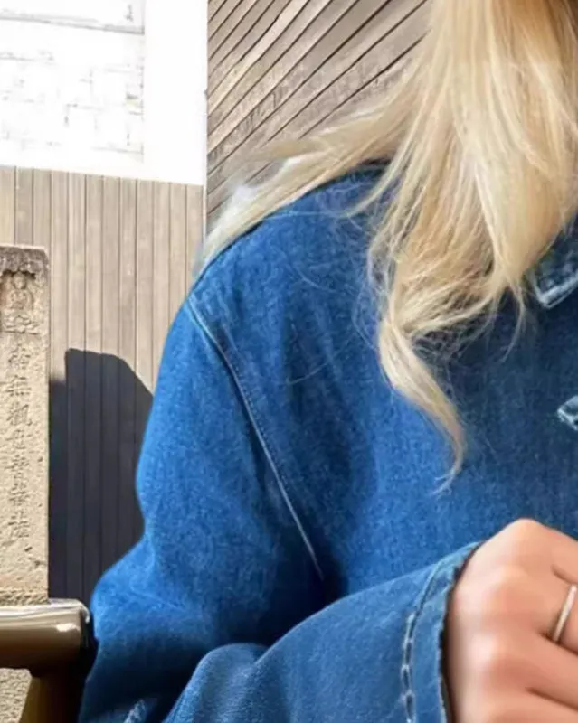 Fashionable and Casual Denim Long Pocket Stand-Collar Jacket