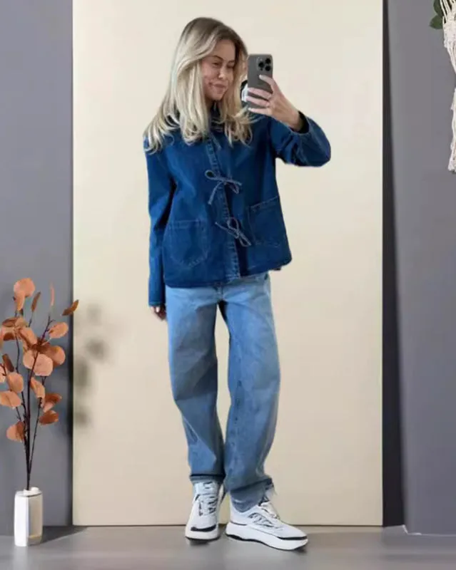 Fashionable and Casual Denim Long Pocket Stand-Collar Jacket