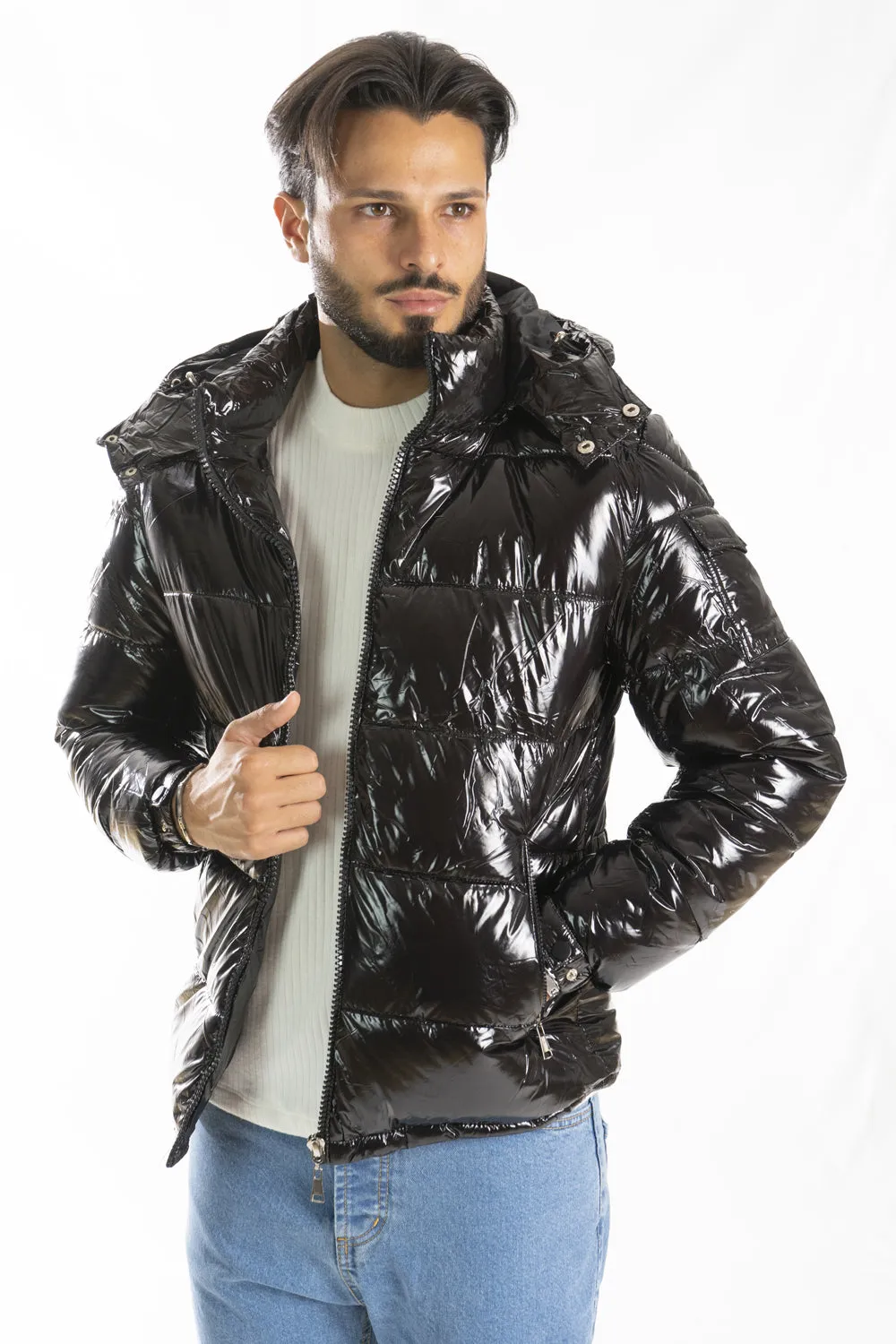 Giubbotto Uomo Bomber Lucido Con Cappuccio Art. Gb150