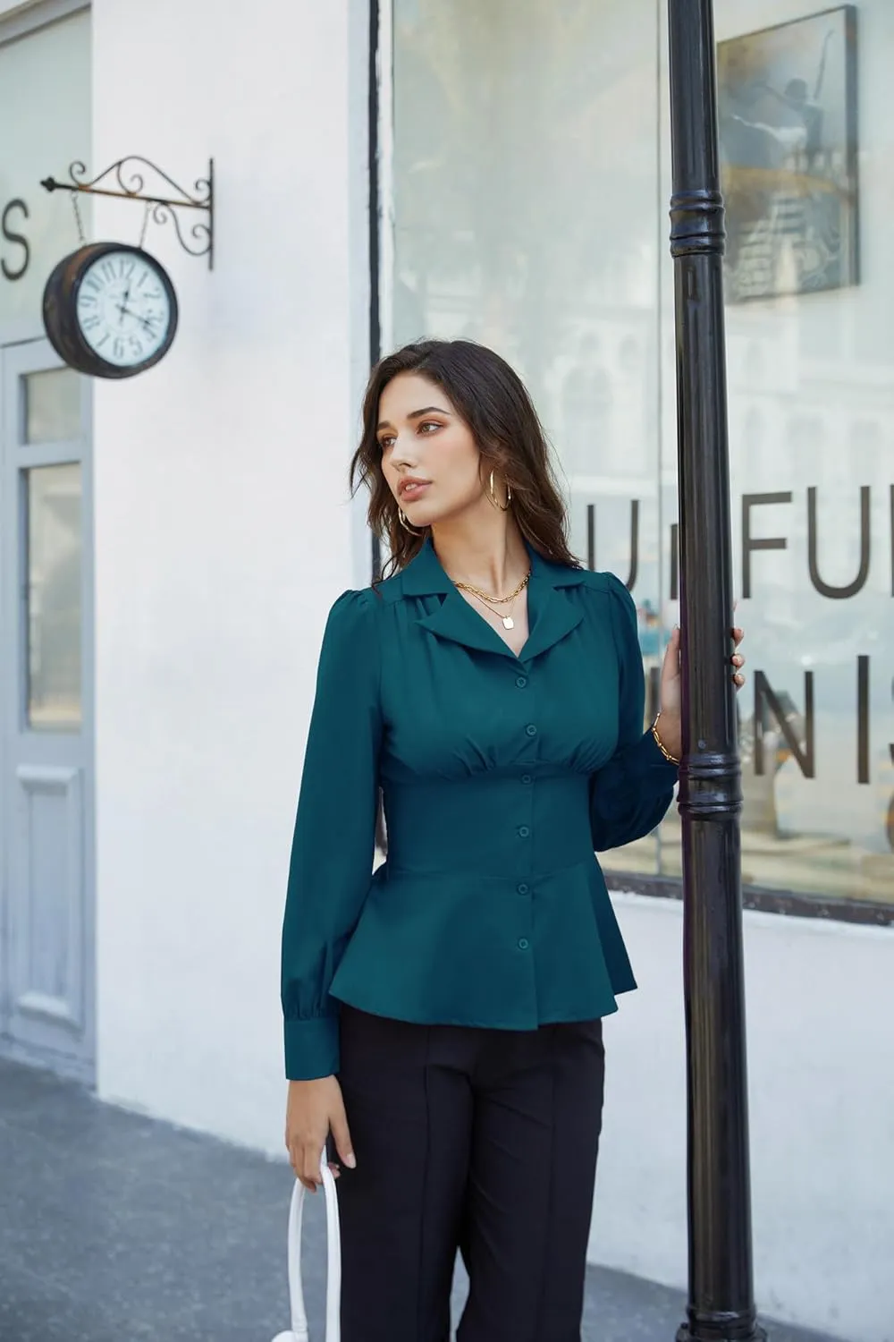 GRACE KARIN Button Down Shirts for Women Summer Peplum Tops Long Sleeve Work Blouse Collared Shirt Dressy Top