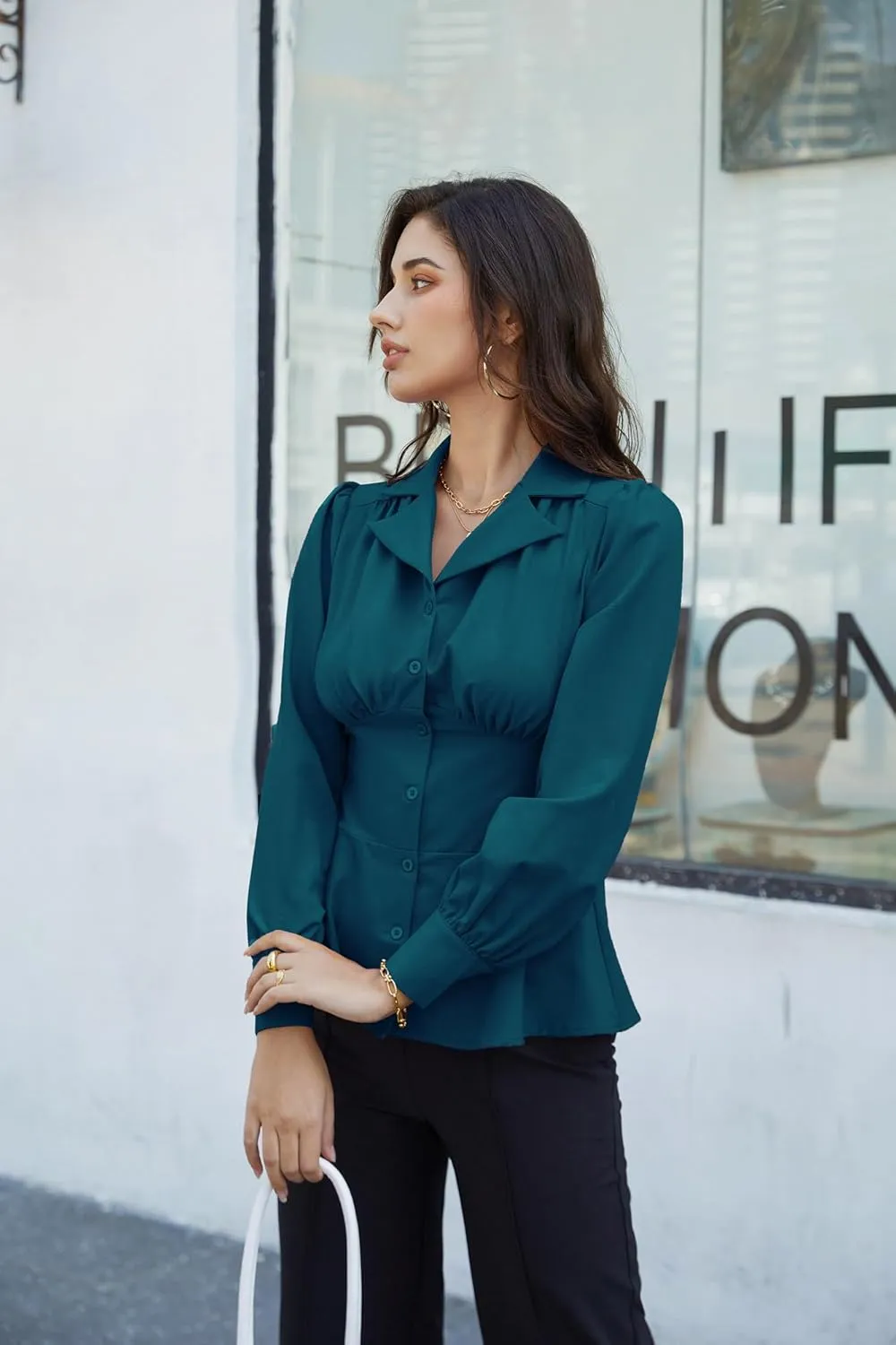 GRACE KARIN Button Down Shirts for Women Summer Peplum Tops Long Sleeve Work Blouse Collared Shirt Dressy Top