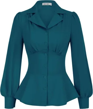 GRACE KARIN Button Down Shirts for Women Summer Peplum Tops Long Sleeve Work Blouse Collared Shirt Dressy Top