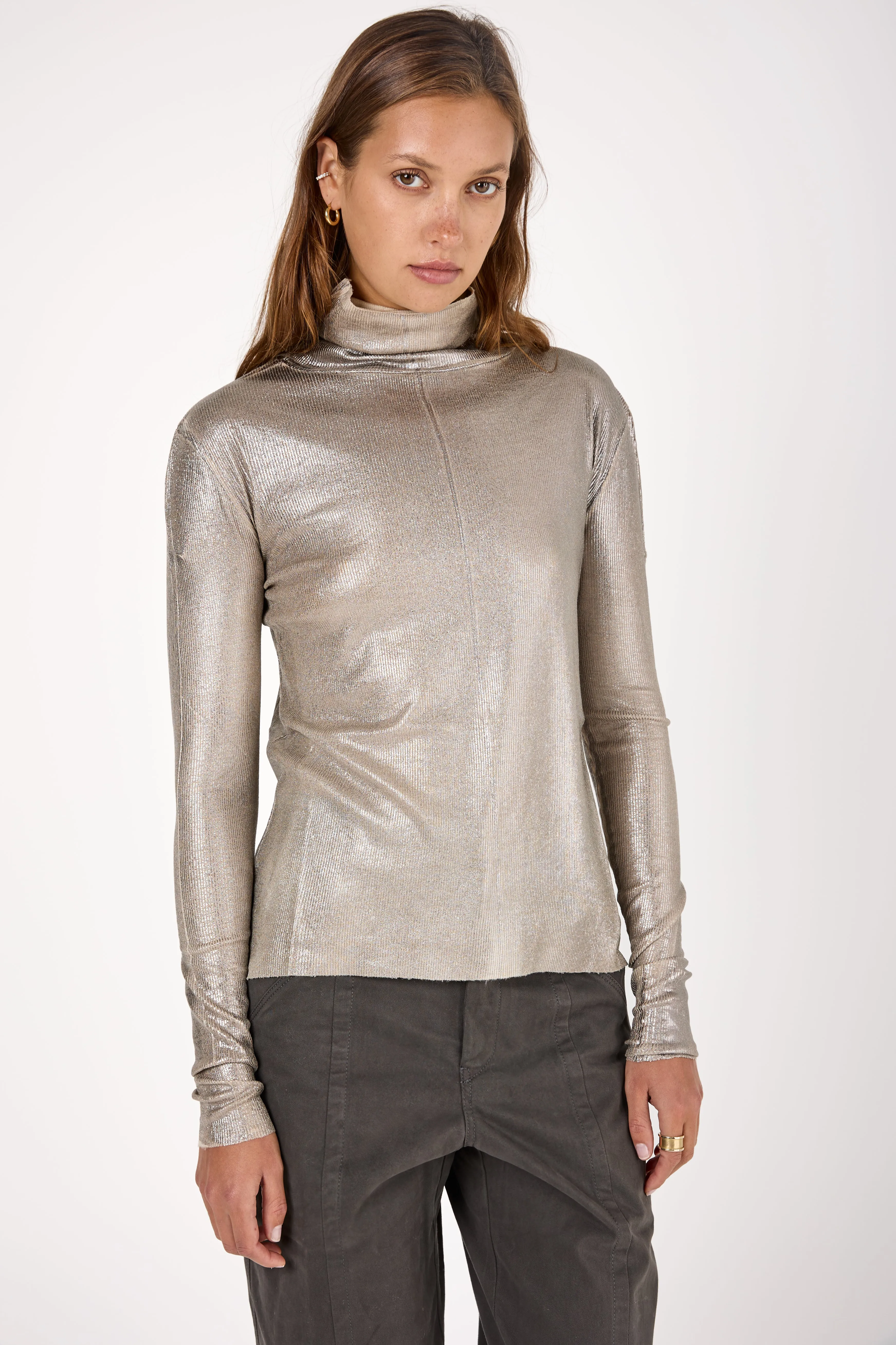 High Neck Ribbed Long Sleeve Top with Lamination in Burro