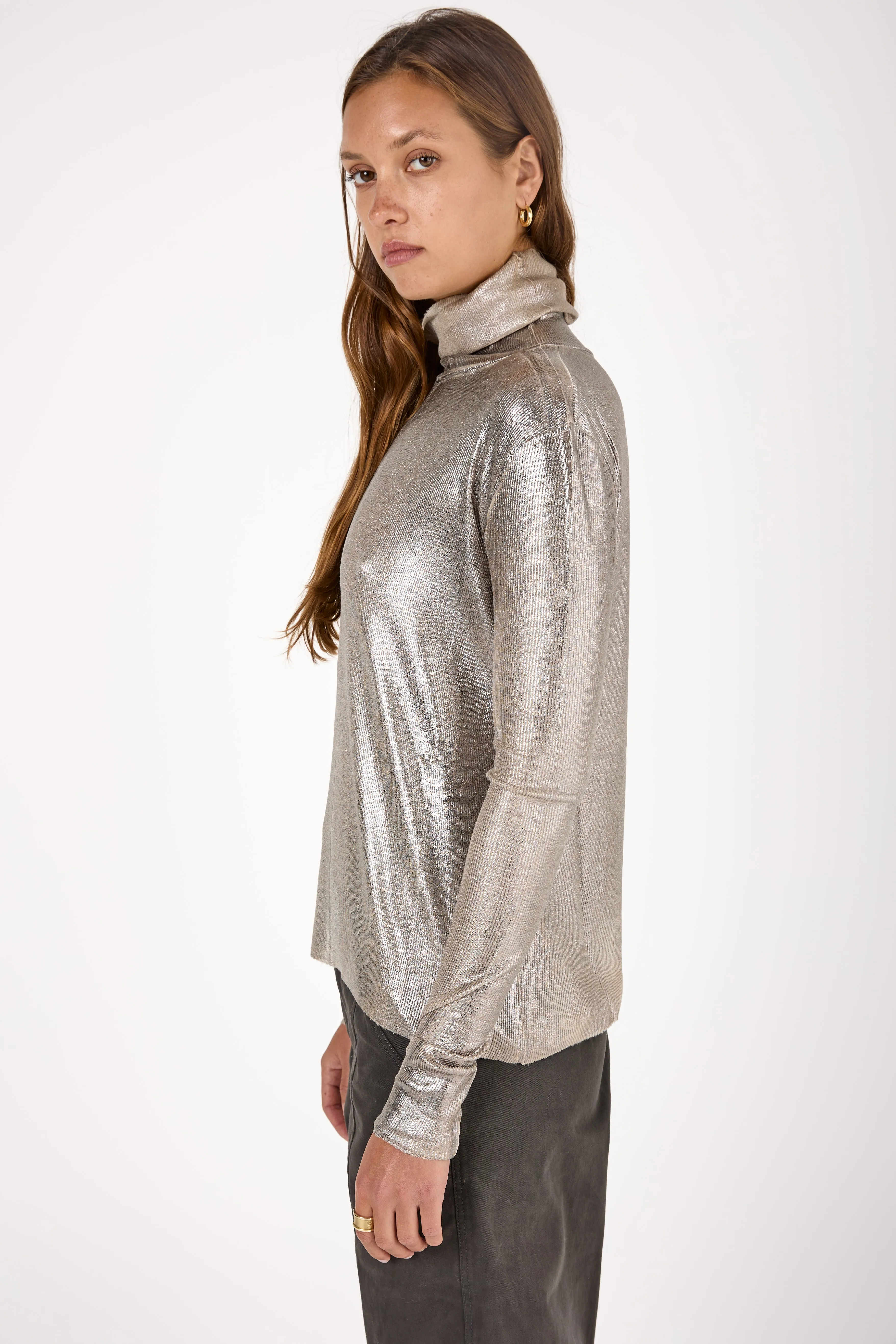 High Neck Ribbed Long Sleeve Top with Lamination in Burro