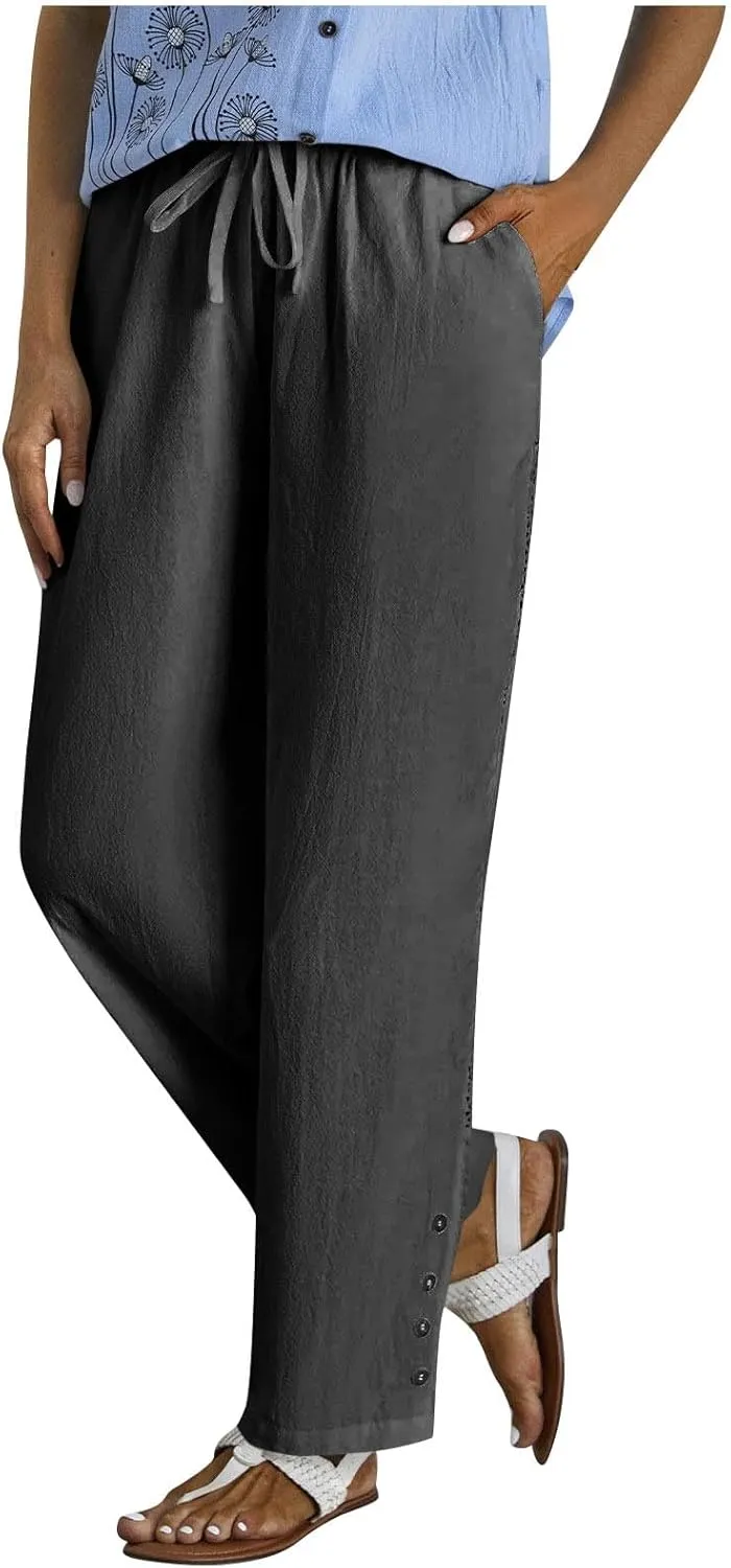 High Waist Linen Pants for Women Drawstring Elastic Waist Summer Casual Pants Loose Fit Lounge Trousers Dark Gray