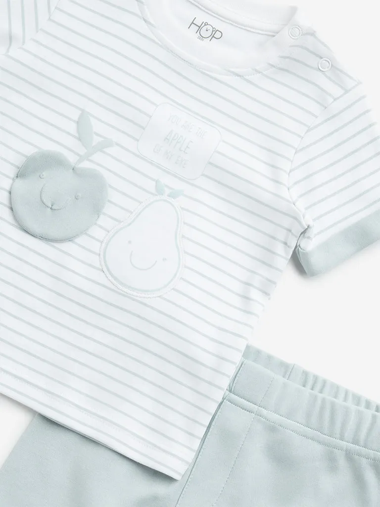 HOP Baby Teal Stripe Printed Cotton T-Shirt with Pants Set