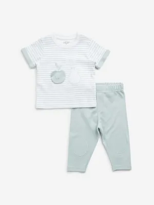 HOP Baby Teal Stripe Printed Cotton T-Shirt with Pants Set