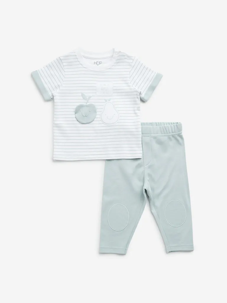 HOP Baby Teal Stripe Printed Cotton T-Shirt with Pants Set