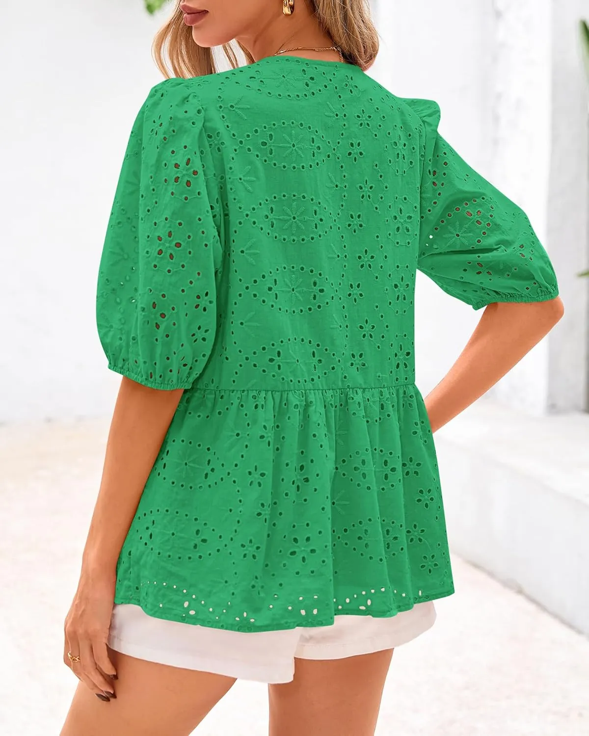 KIRUNDO Womens Tops Dressy Casual Tie Front Shirts Short Lantern Sleeve Hollow Out Lace Embroidered Babydoll Blouses