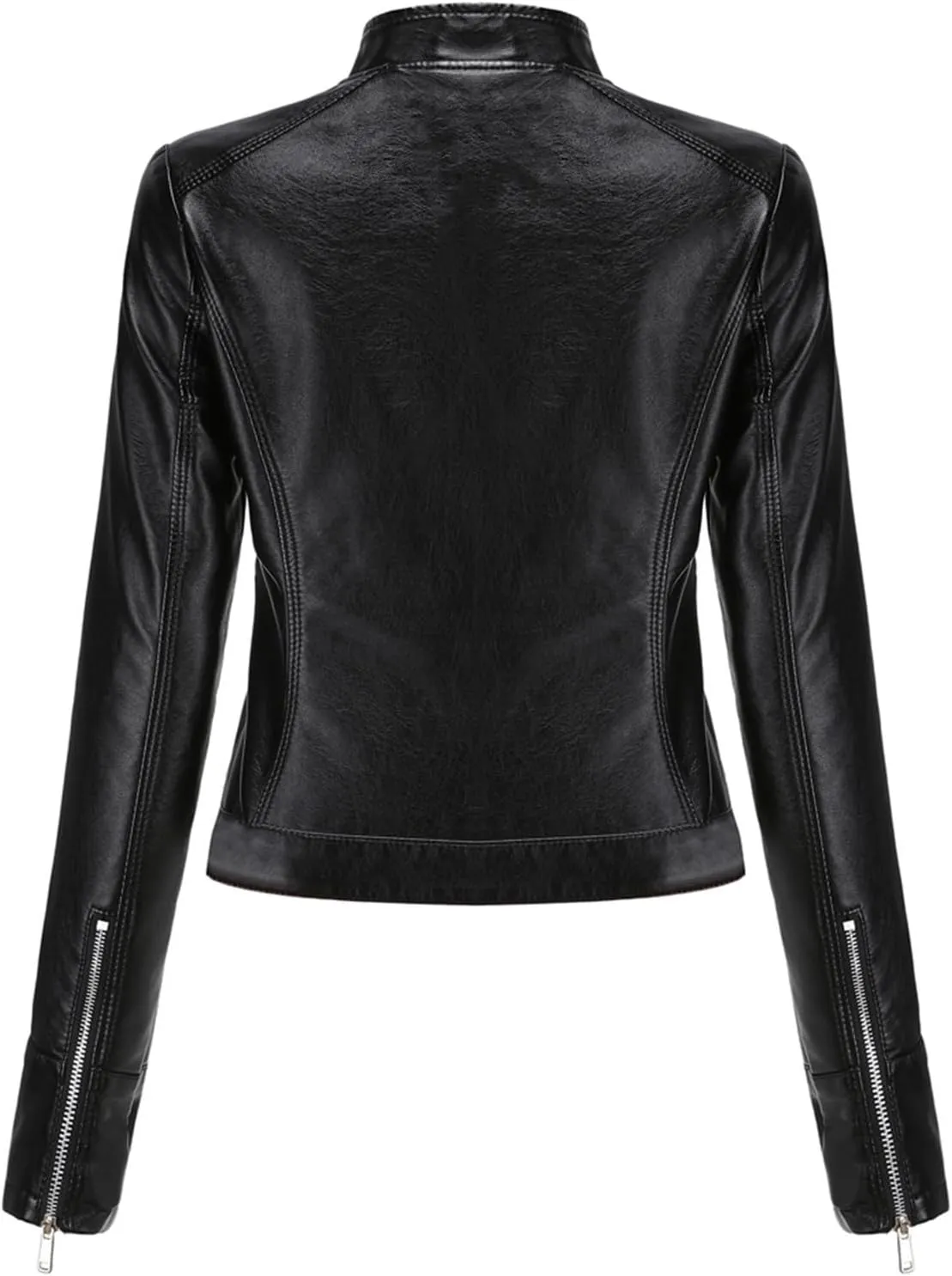 Leather Jackets for Women Zip Up Moto Biker Jackets Faux Leather Comfy Long Sleeve Stand Collar Coat with Zip Pockets