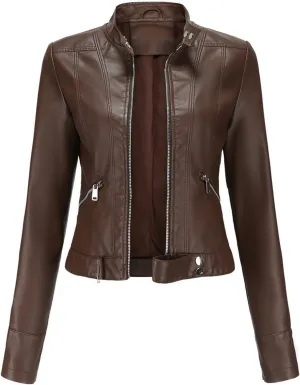 Leather Jackets for Women Zip Up Moto Biker Jackets Faux Leather Comfy Long Sleeve Stand Collar Coat with Zip Pockets