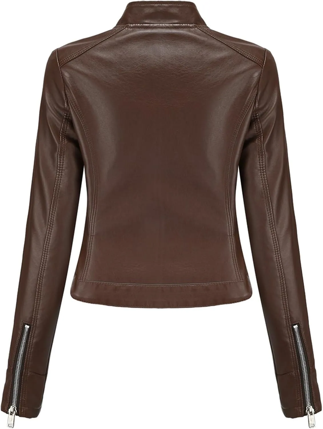 Leather Jackets for Women Zip Up Moto Biker Jackets Faux Leather Comfy Long Sleeve Stand Collar Coat with Zip Pockets