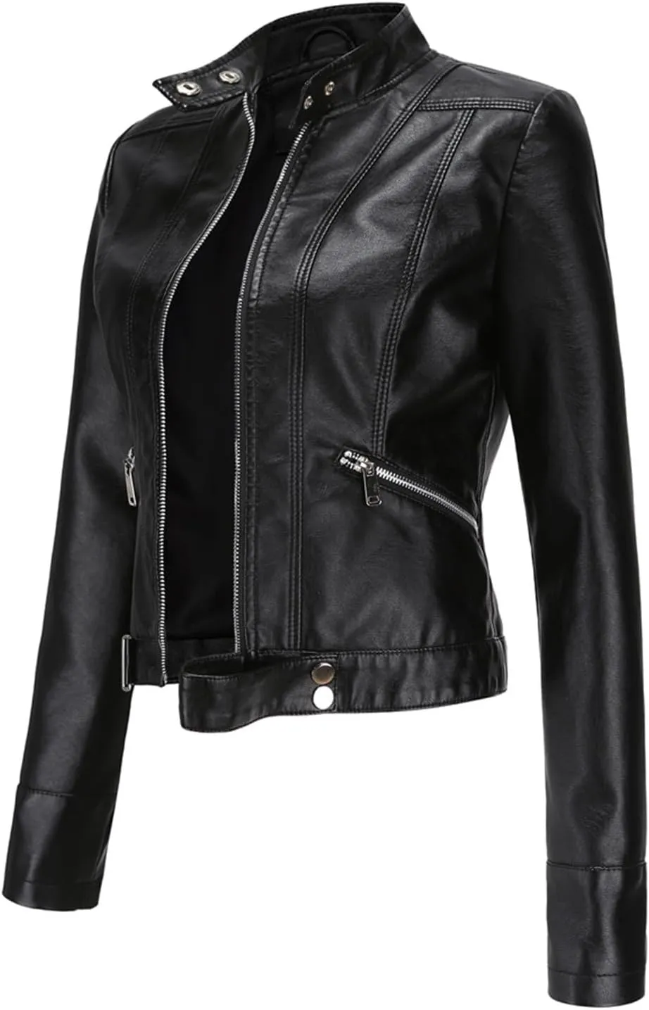 Leather Jackets for Women Zip Up Moto Biker Jackets Faux Leather Comfy Long Sleeve Stand Collar Coat with Zip Pockets