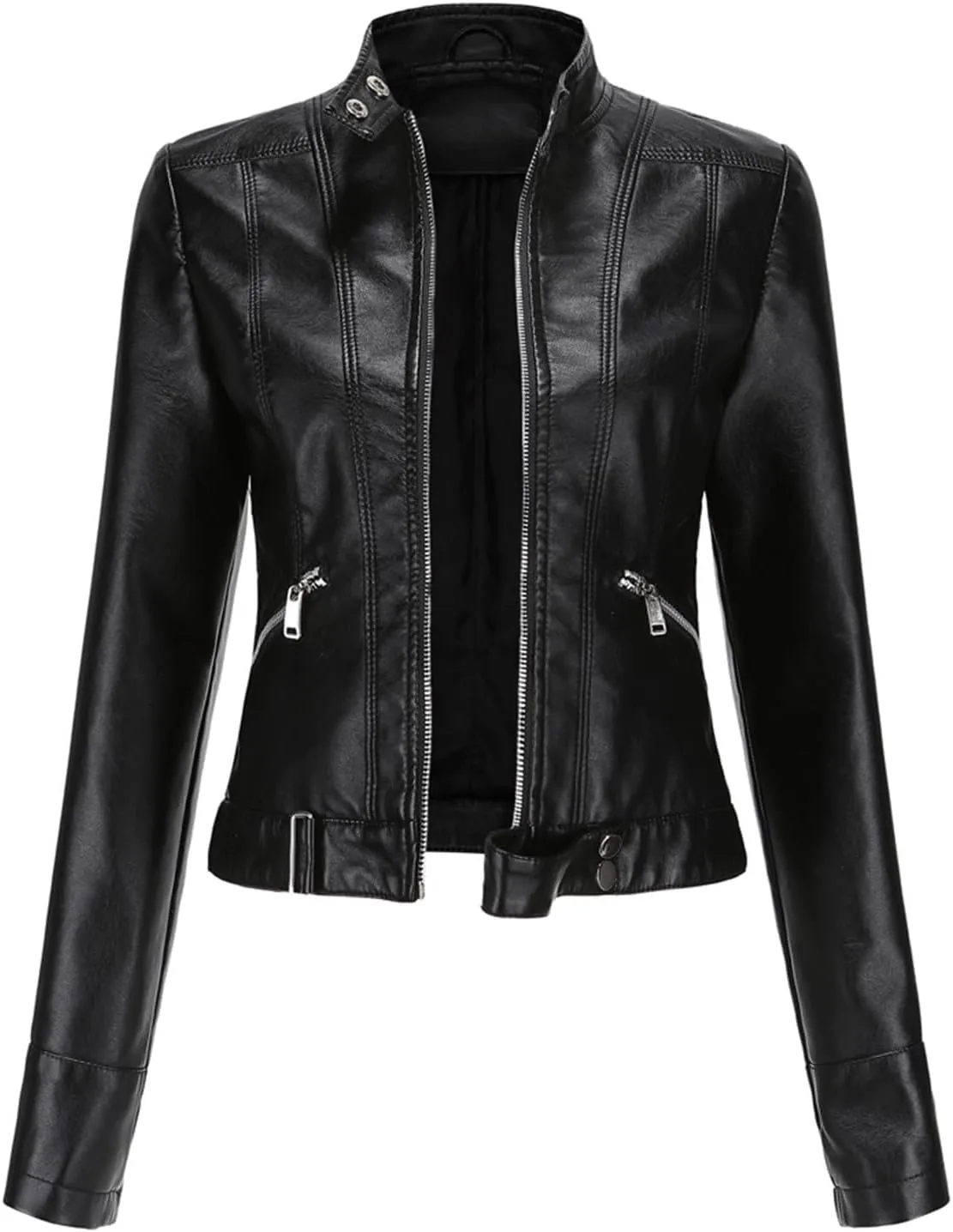 Leather Jackets for Women Zip Up Moto Biker Jackets Faux Leather Comfy Long Sleeve Stand Collar Coat with Zip Pockets