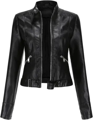 Leather Jackets for Women Zip Up Moto Biker Jackets Faux Leather Comfy Long Sleeve Stand Collar Coat with Zip Pockets