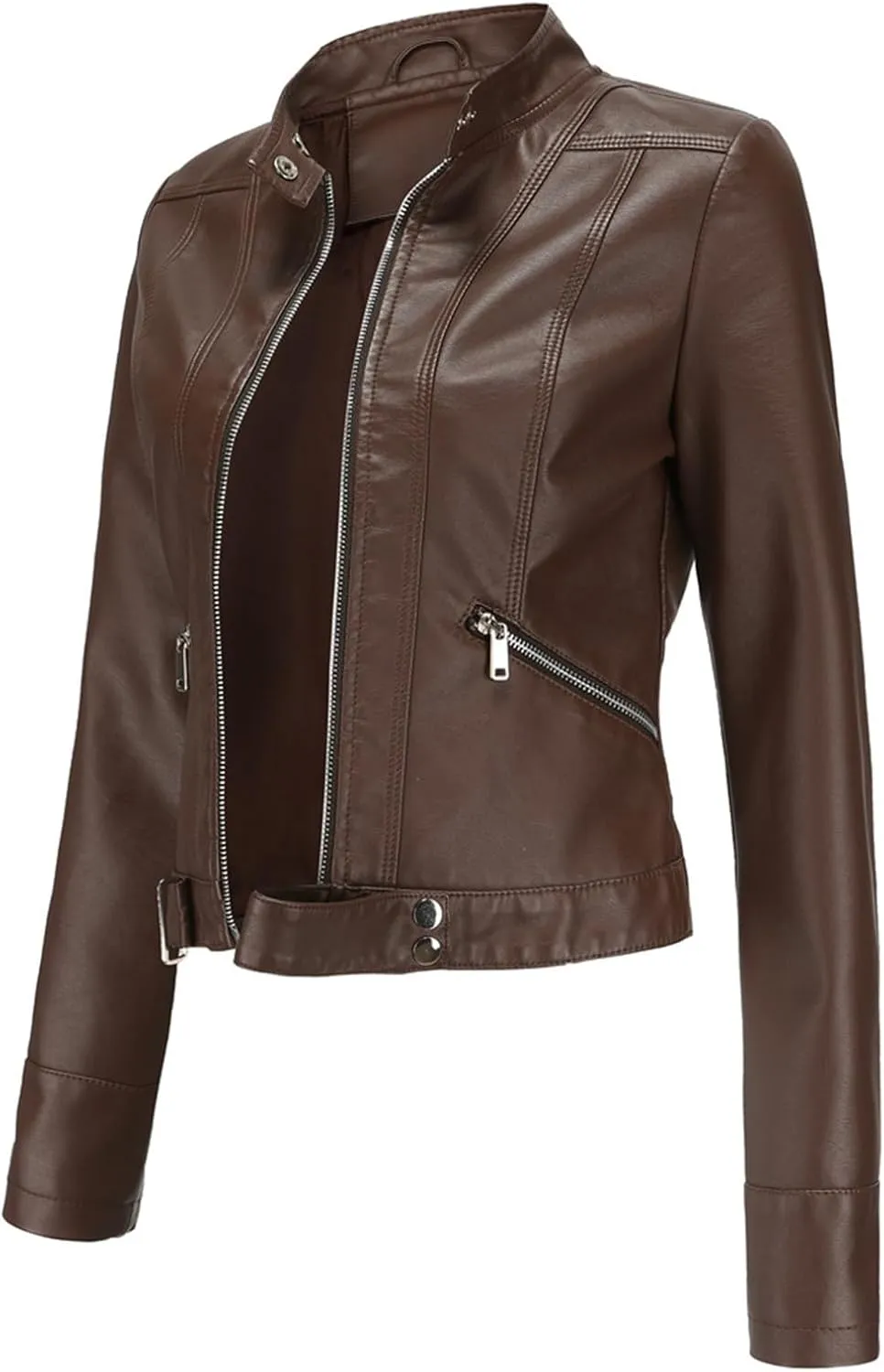 Leather Jackets for Women Zip Up Moto Biker Jackets Faux Leather Comfy Long Sleeve Stand Collar Coat with Zip Pockets