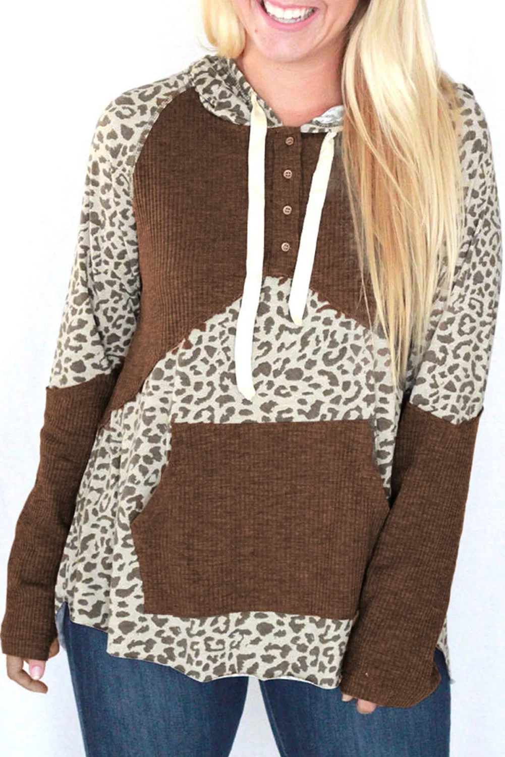 Leopard Ribbed Patchwork Kangaroo Pocket Henley Hoodie